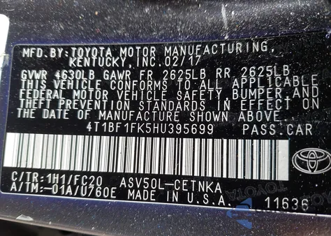 2017 Toyota Camry Le z USA, uszkodzony, nr VIN 4T1BF1FK5HU395699